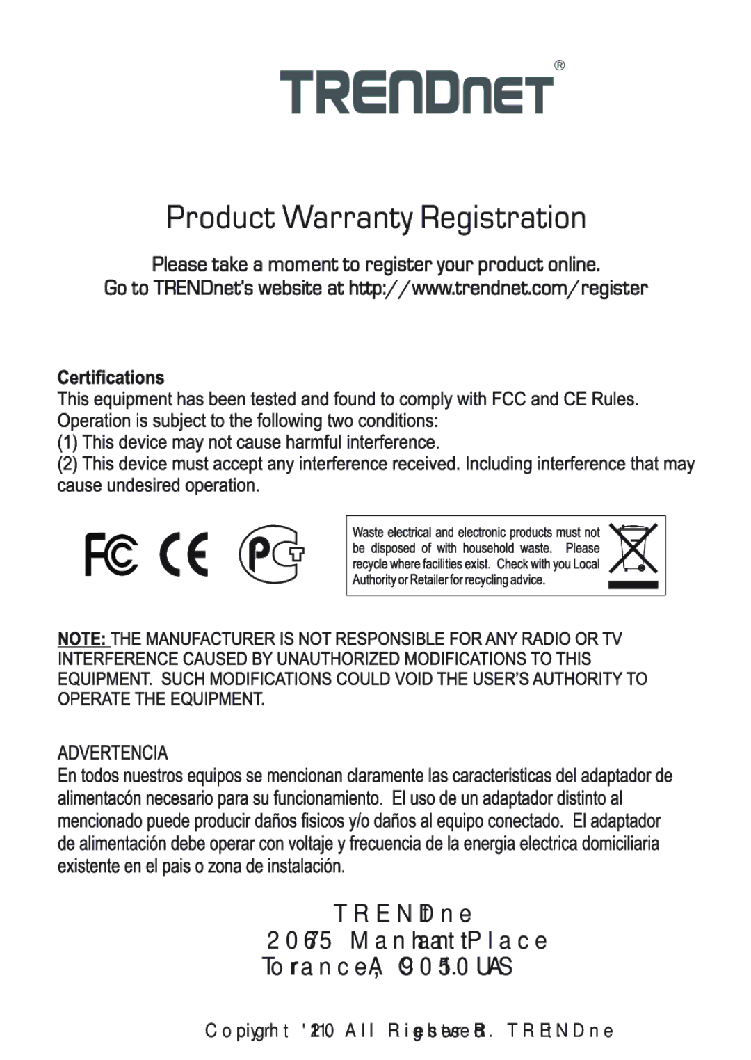 TRENDnet TEW-659BRV, Trendnet 300Mbps Wireless N VPN Router manual TRENDnet Manhattan Place Torrance, CA 90501. USA 