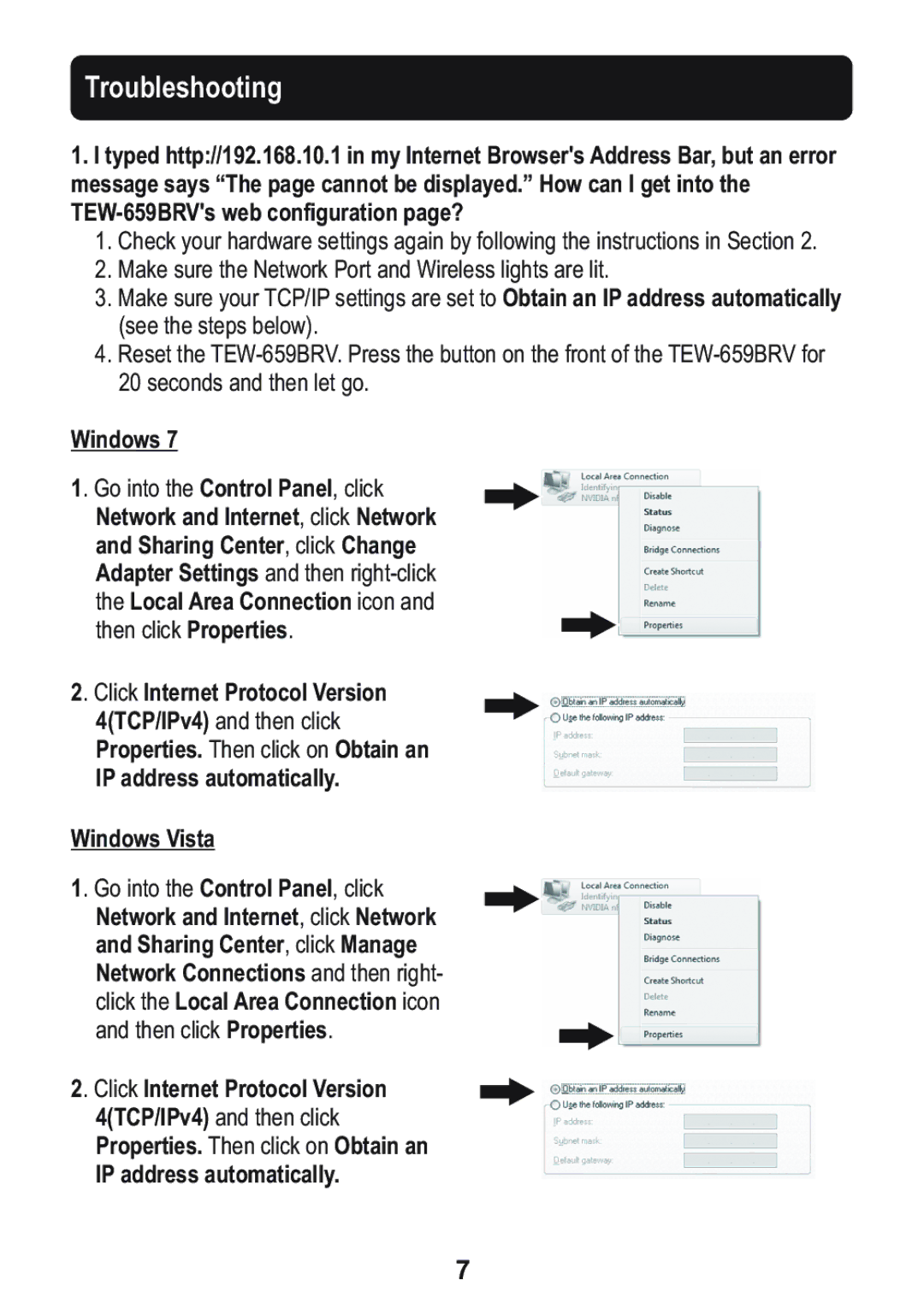 TRENDnet TEW-659BRV manual Troubleshooting, IP address automatically Windows Vista, Click Internet Protocol Version 