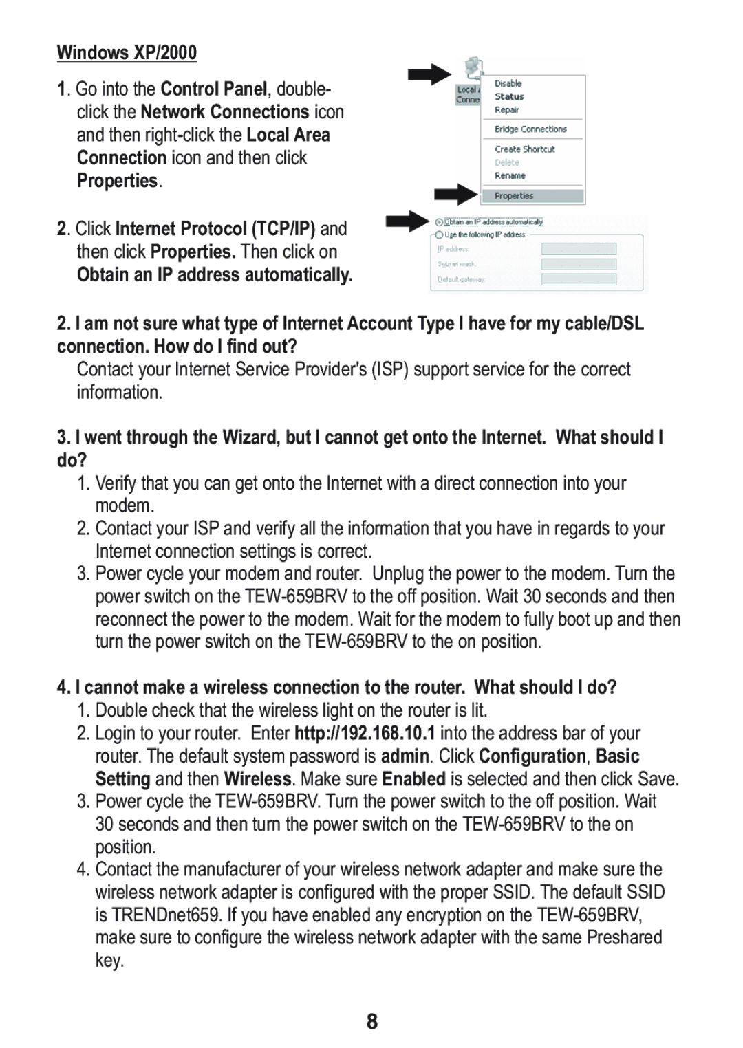 TRENDnet Trendnet 300Mbps Wireless N VPN Router manual Windows XP/2000, Click the Network Connections icon, Properties 