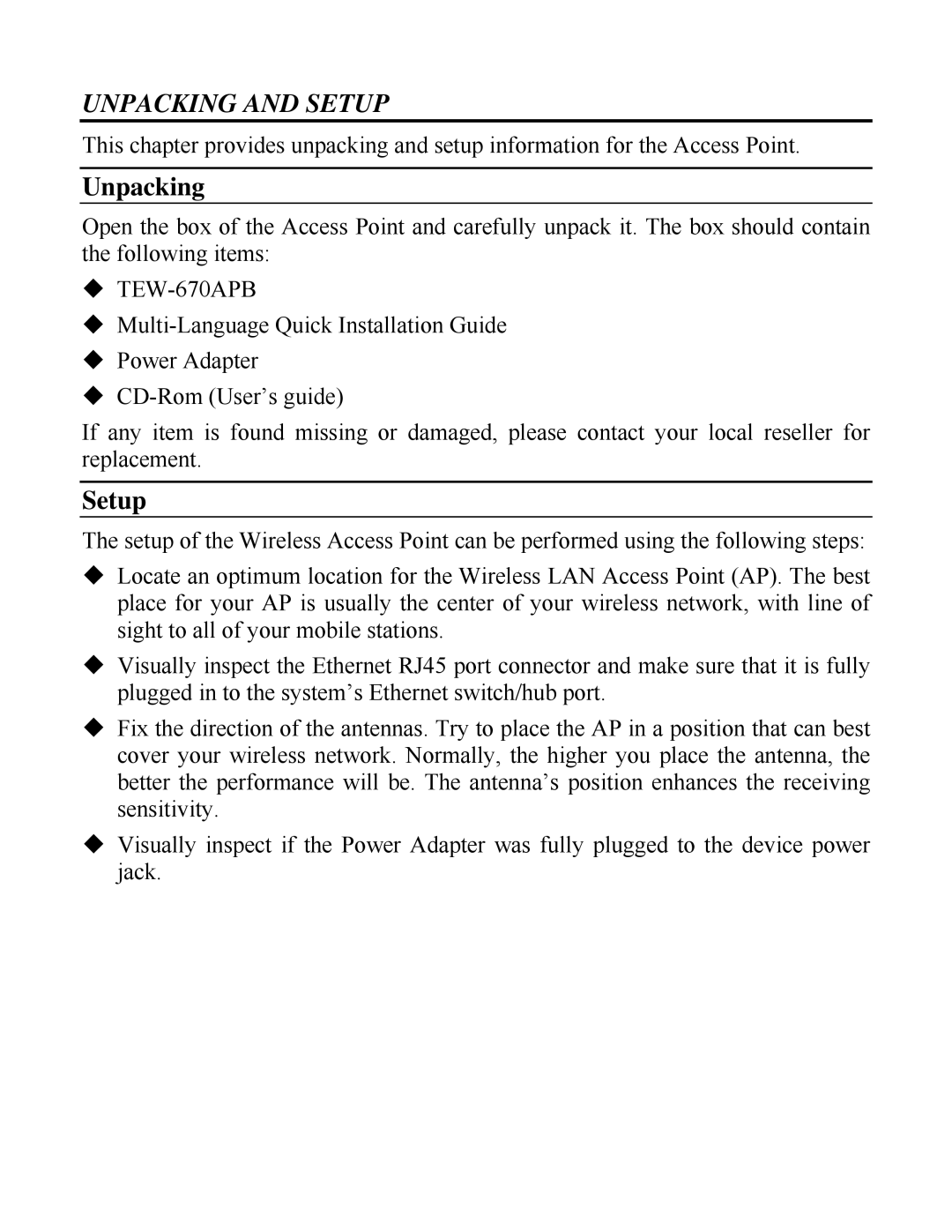 TRENDnet TEW-670APB manual Unpacking and Setup 