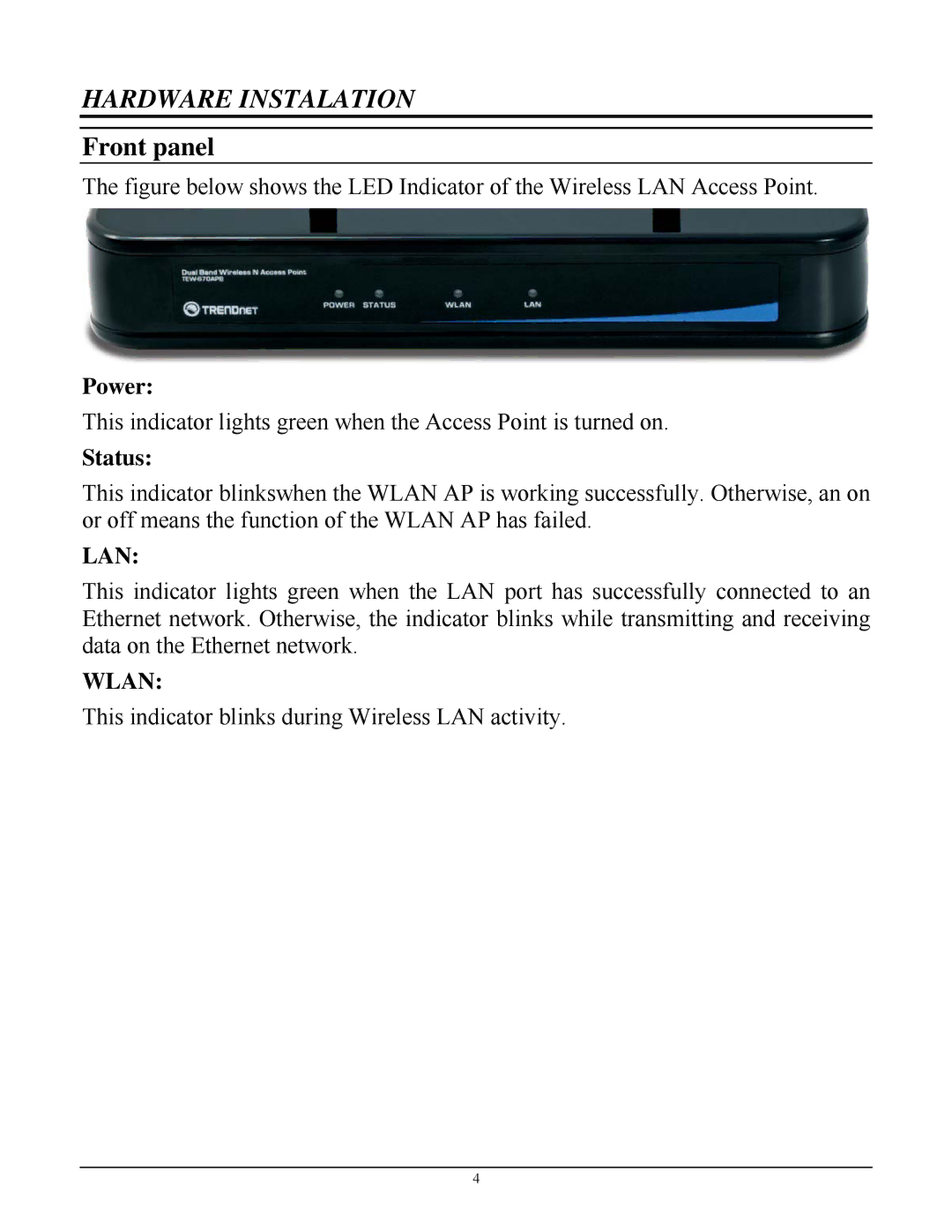 TRENDnet TEW-670APB manual Hardware Instalation, Front panel, Power, Status 