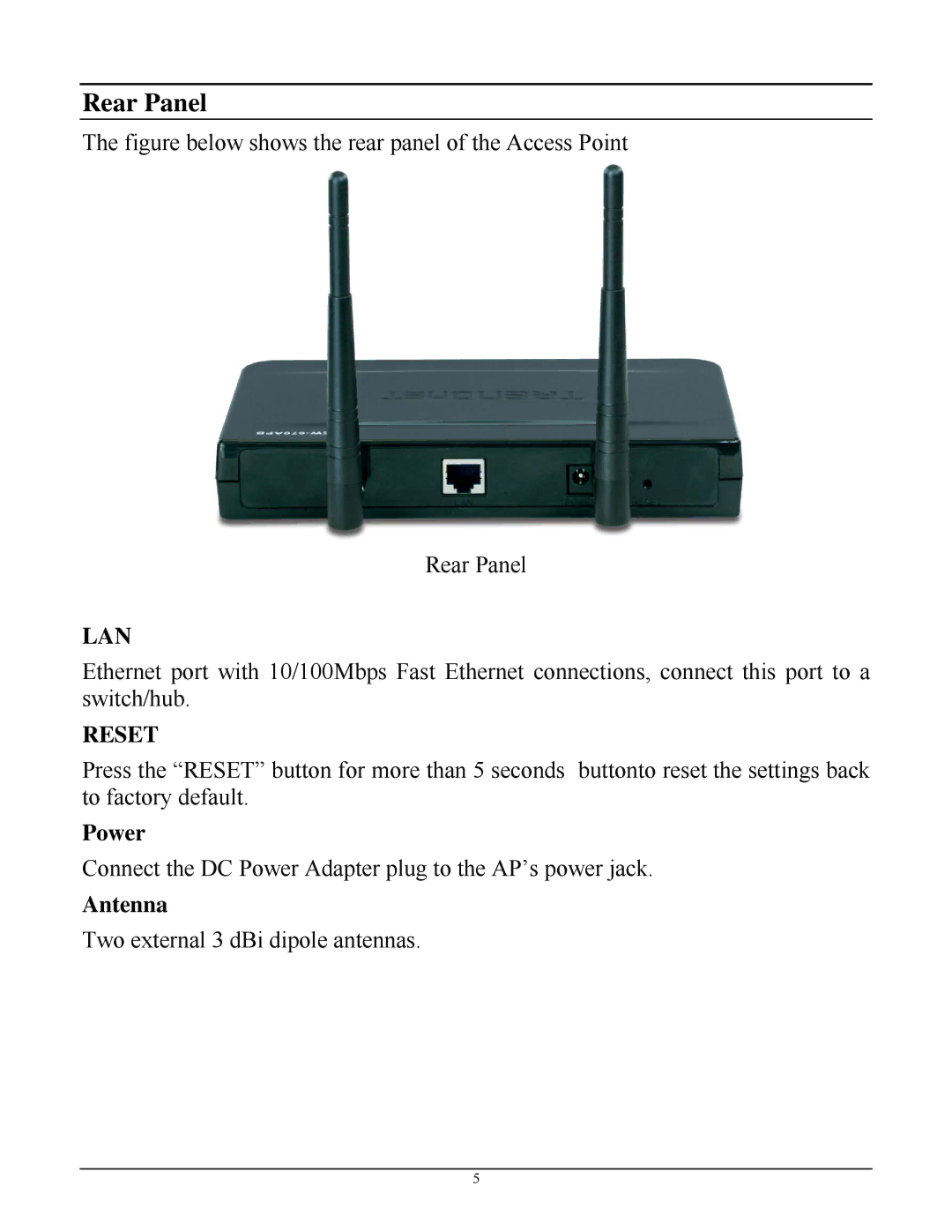 TRENDnet TEW-670APB manual Rear Panel, Antenna 