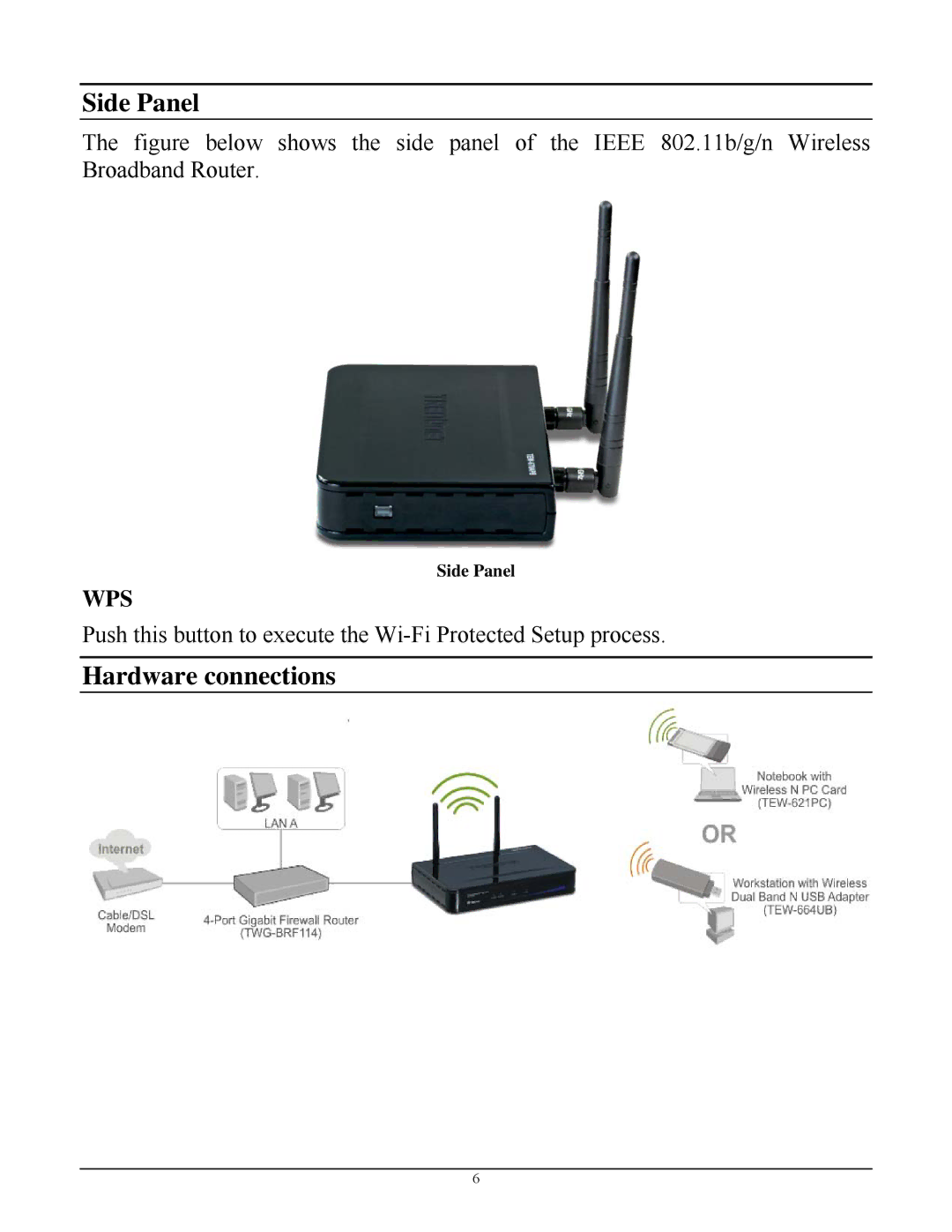 TRENDnet TEW-670APB manual Side Panel, Hardware connections 