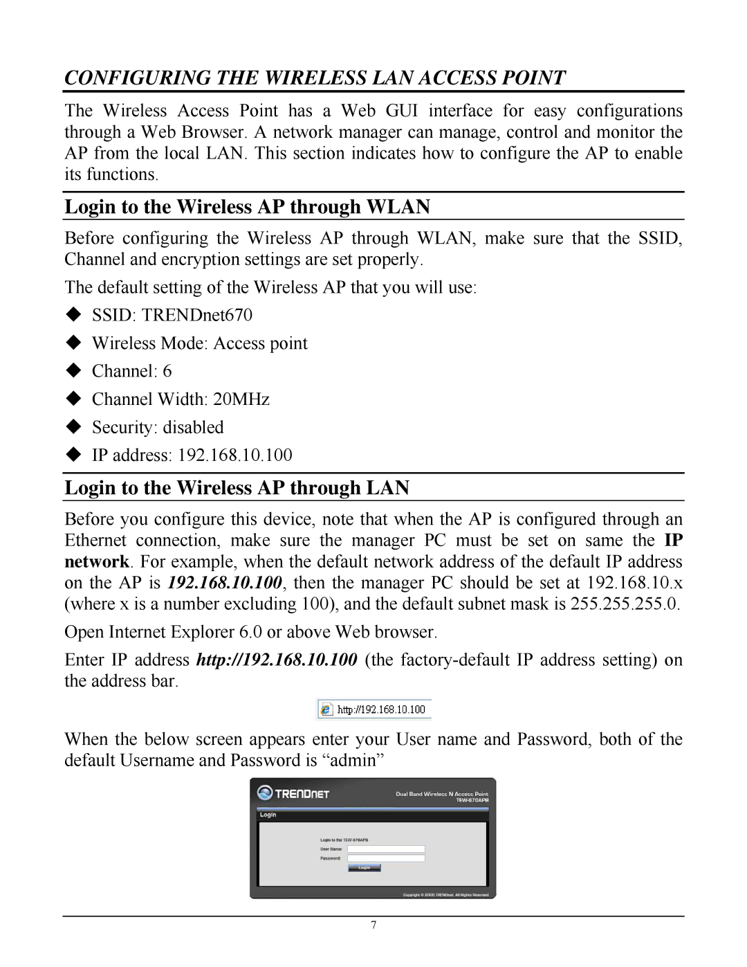 TRENDnet TEW-670APB manual Configuring the Wireless LAN Access Point, Login to the Wireless AP through Wlan 