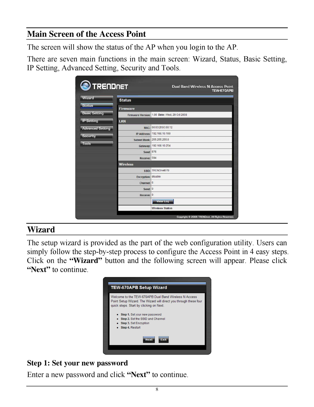 TRENDnet TEW-670APB manual Main Screen of the Access Point, Wizard, Set your new password 