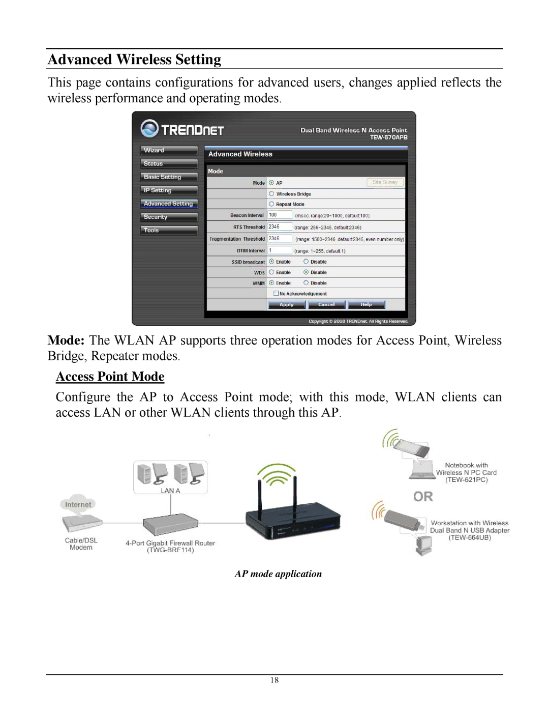 TRENDnet TEW-670APB manual Advanced Wireless Setting, Access Point Mode 