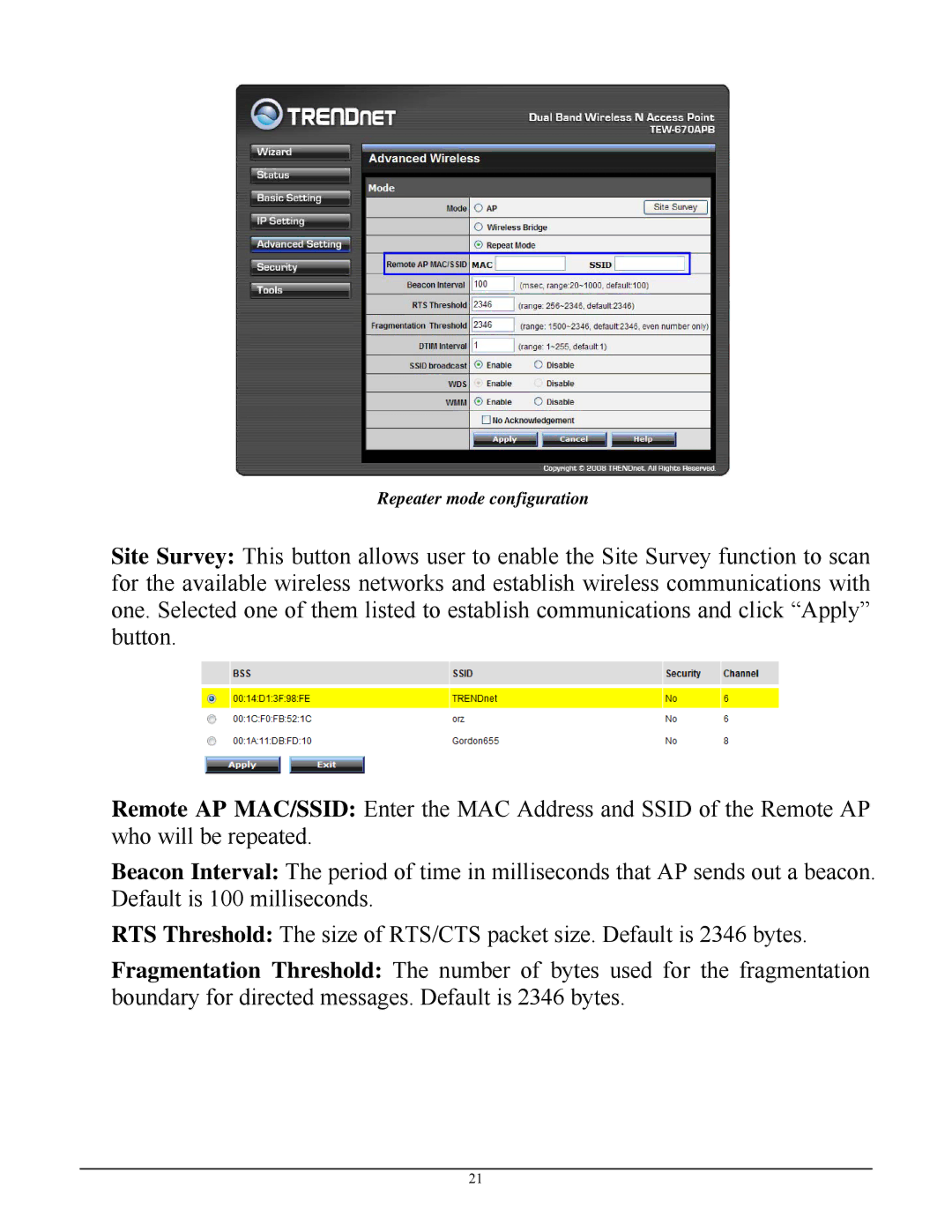 TRENDnet TEW-670APB manual Repeater mode configuration 