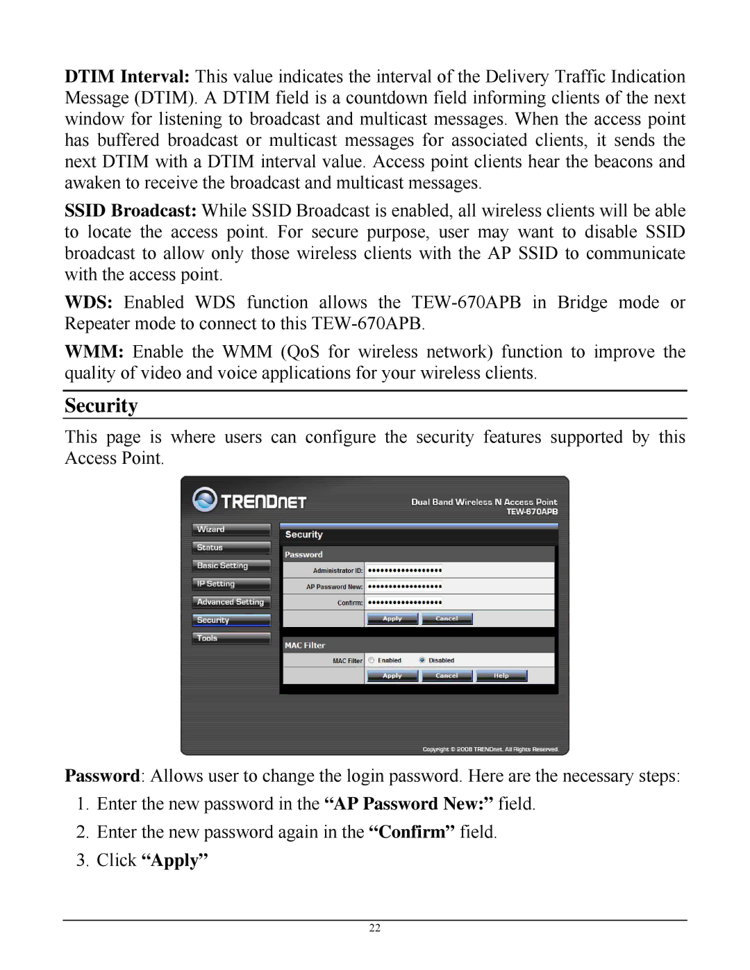 TRENDnet TEW-670APB manual Security, Click Apply 