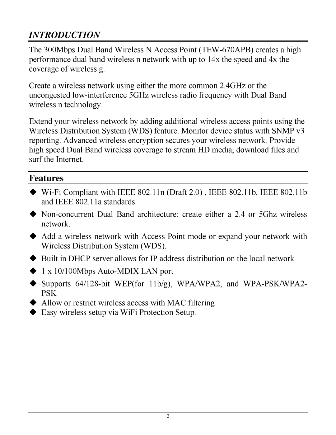 TRENDnet TEW-670APB manual Introduction, Features 