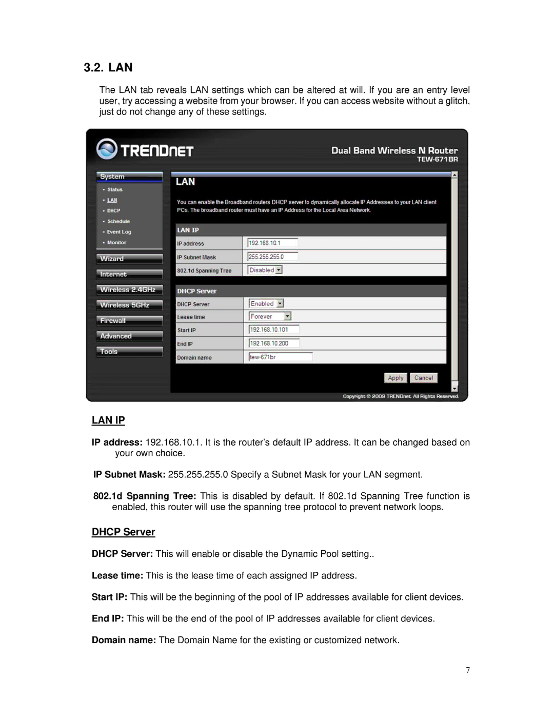 TRENDnet TEW-671BR manual Lan, Dhcp Server 