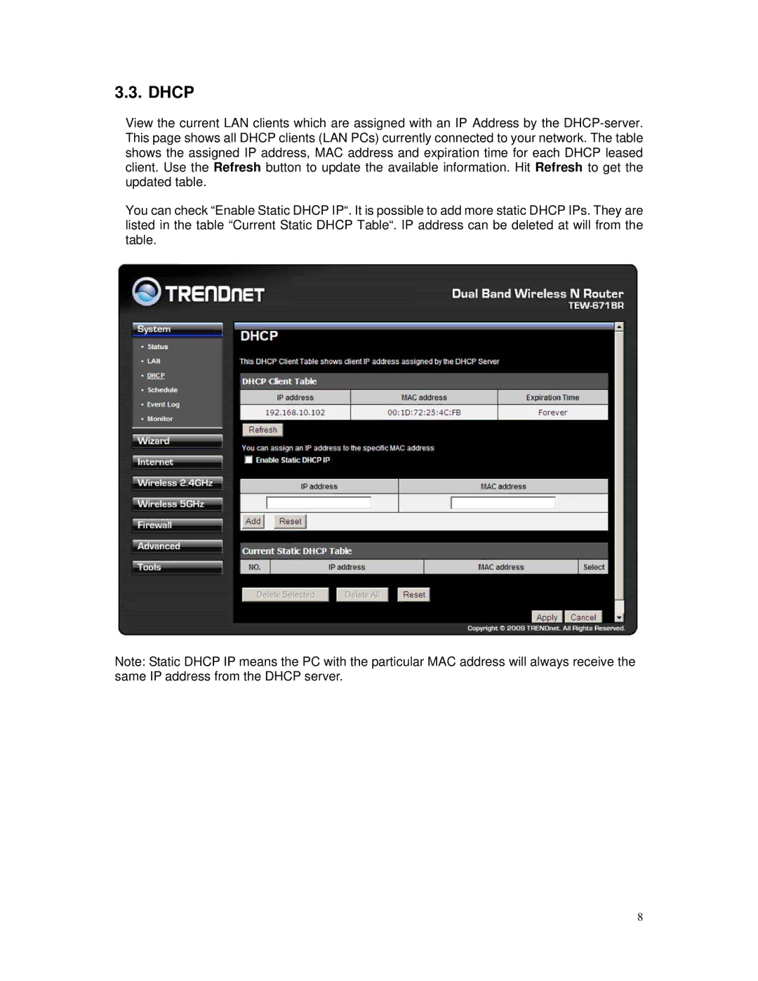 TRENDnet TEW-671BR manual Dhcp 