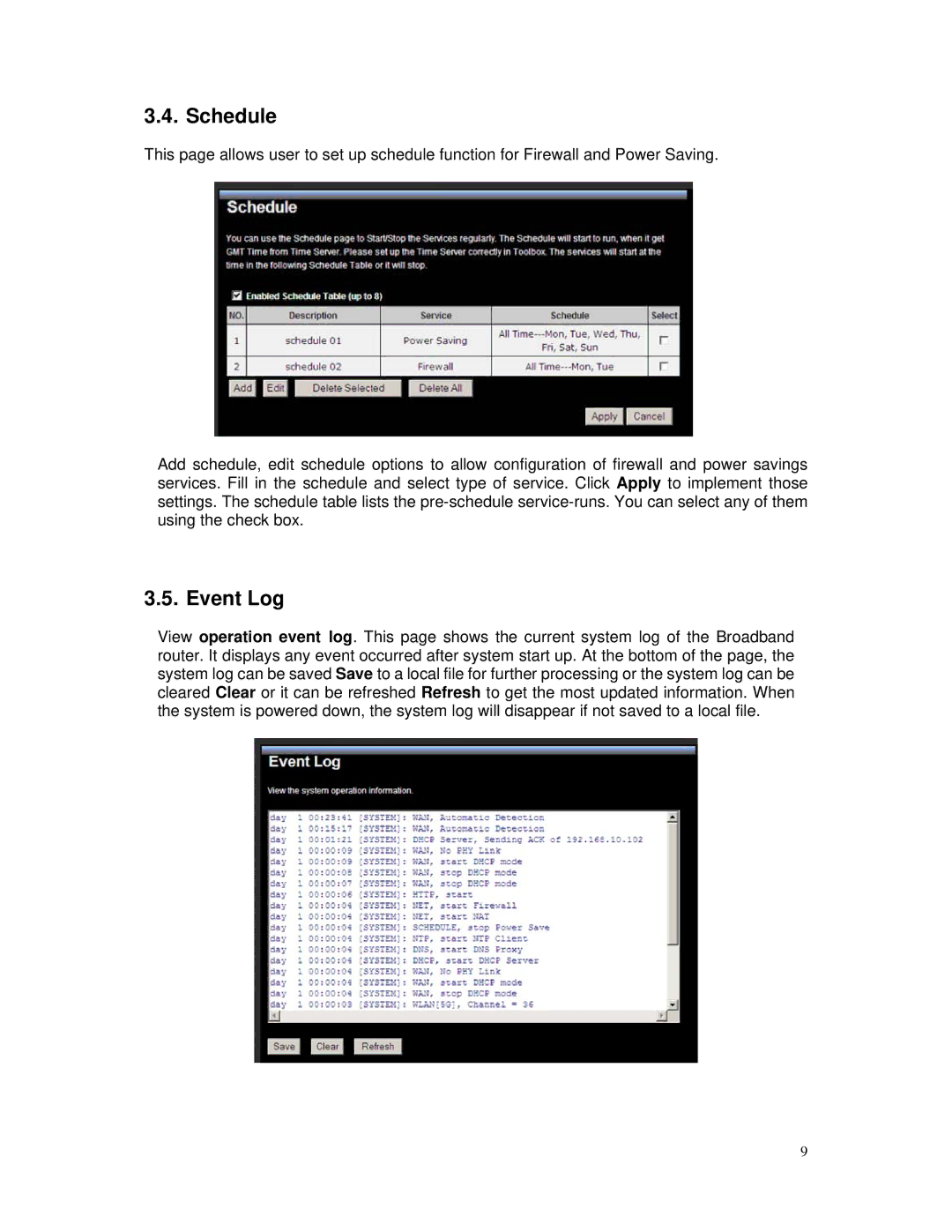 TRENDnet TEW-671BR manual Schedule, Event Log 