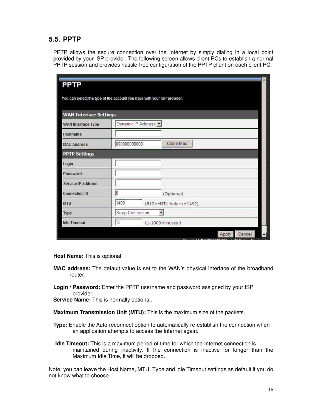 TRENDnet TEW-671BR manual Pptp 