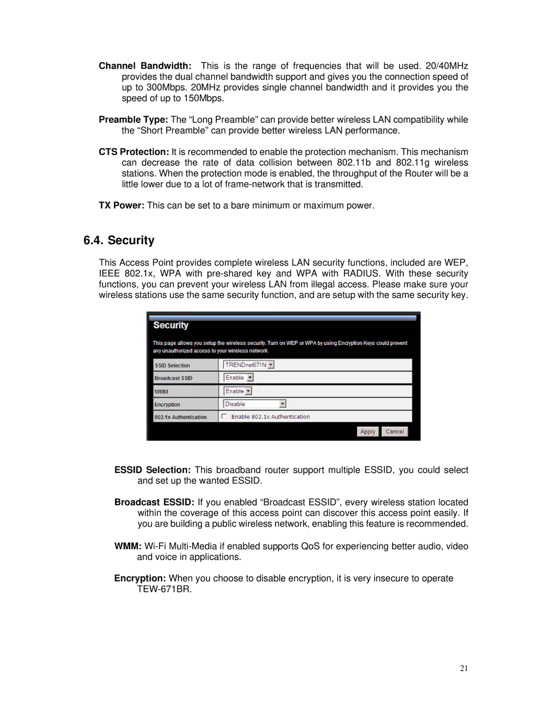 TRENDnet TEW-671BR manual Security 