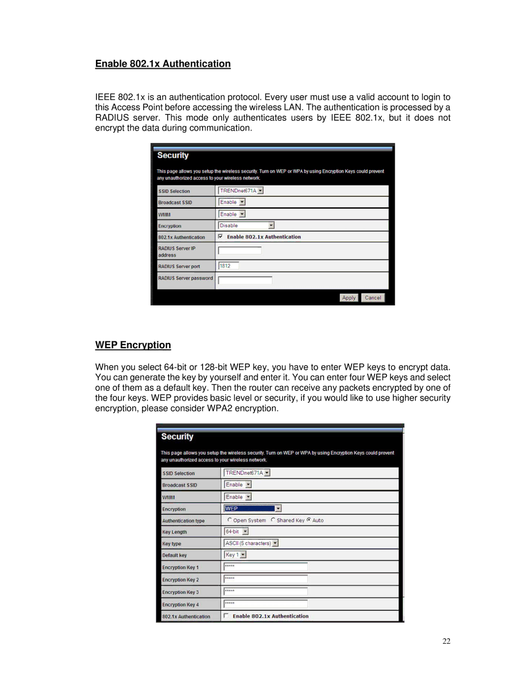 TRENDnet TEW-671BR manual Enable 802.1x Authentication, WEP Encryption 