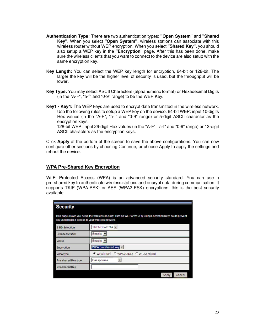 TRENDnet TEW-671BR manual WPA Pre-Shared Key Encryption 