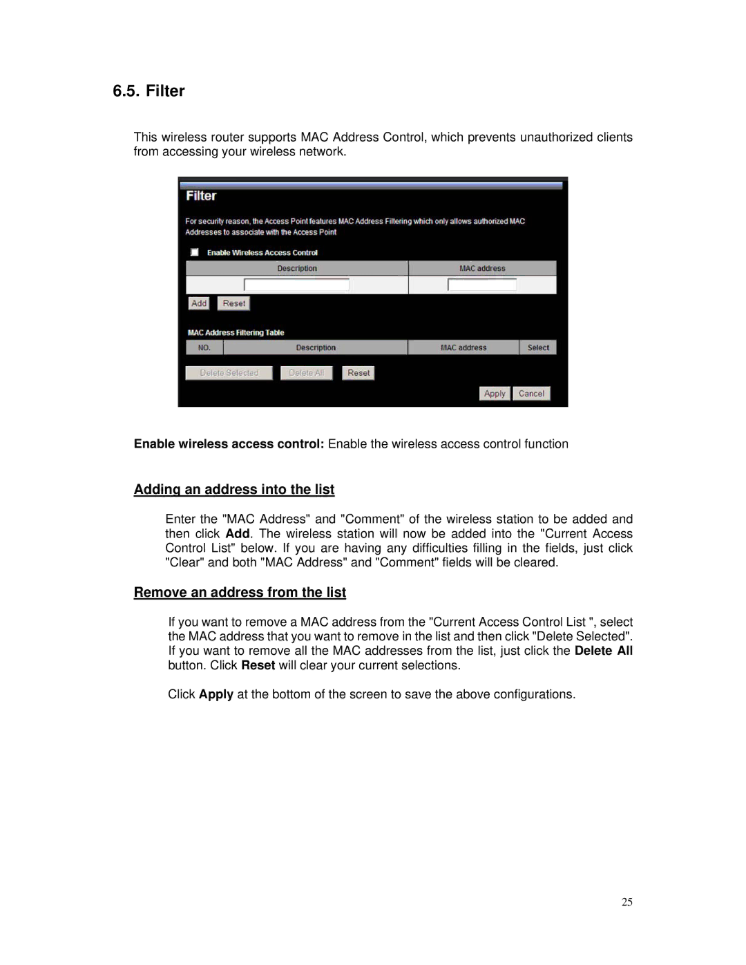 TRENDnet TEW-671BR manual Filter, Adding an address into the list, Remove an address from the list 