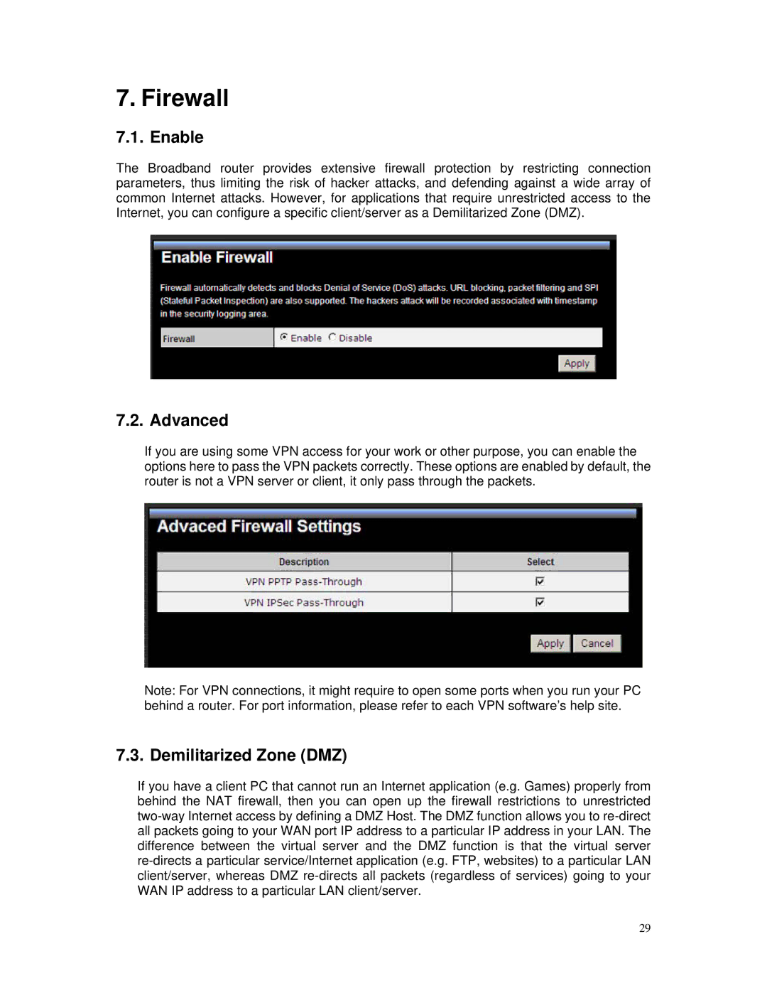 TRENDnet TEW-671BR manual Firewall, Enable, Demilitarized Zone DMZ 