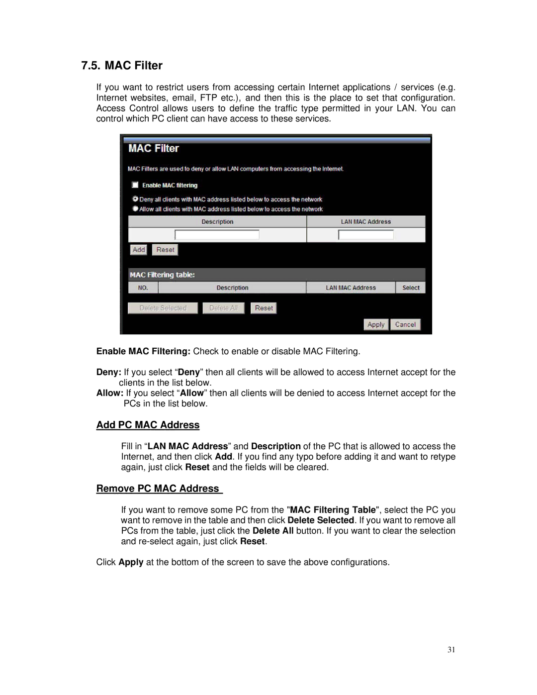 TRENDnet TEW-671BR manual MAC Filter, Add PC MAC Address, Remove PC MAC Address 