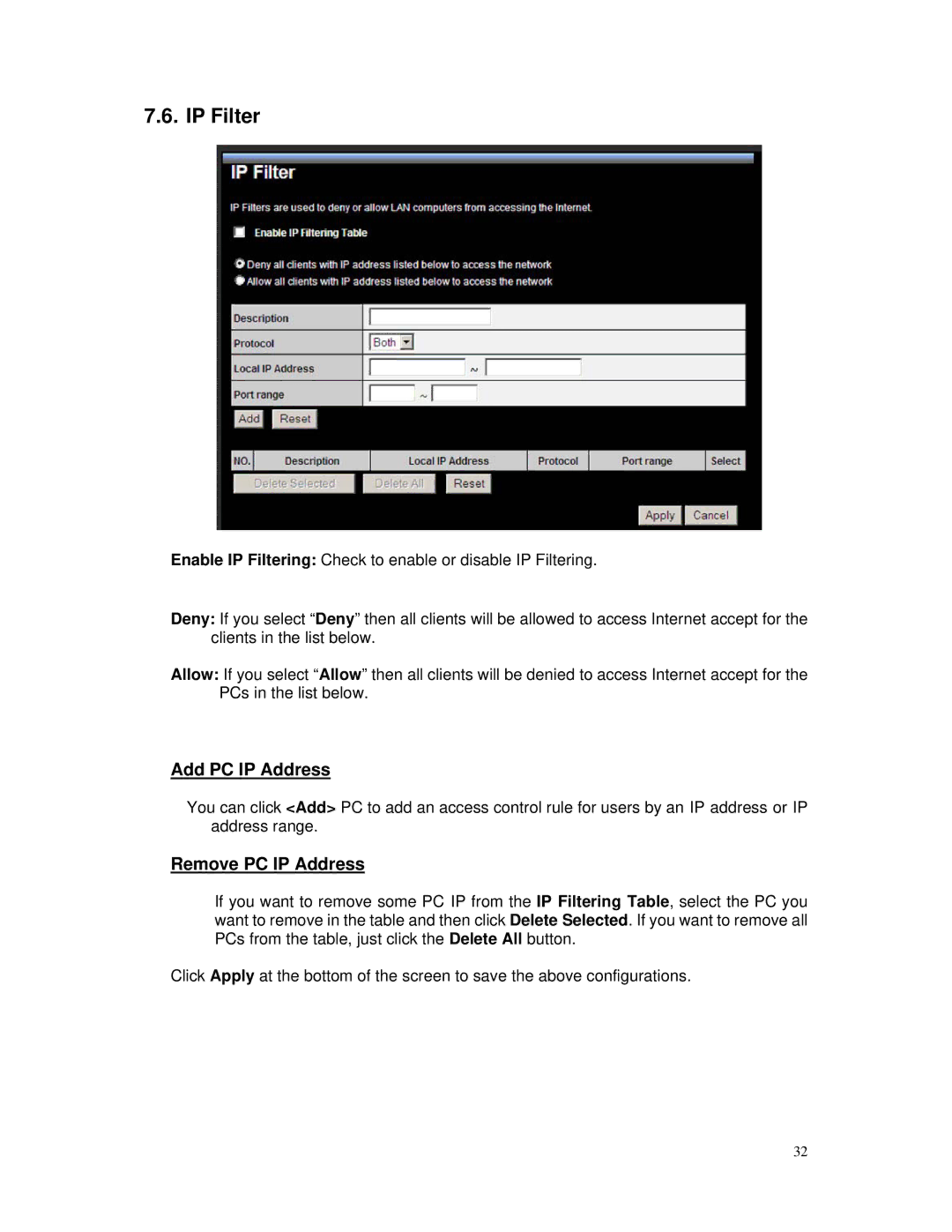 TRENDnet TEW-671BR manual IP Filter, Add PC IP Address, Remove PC IP Address 