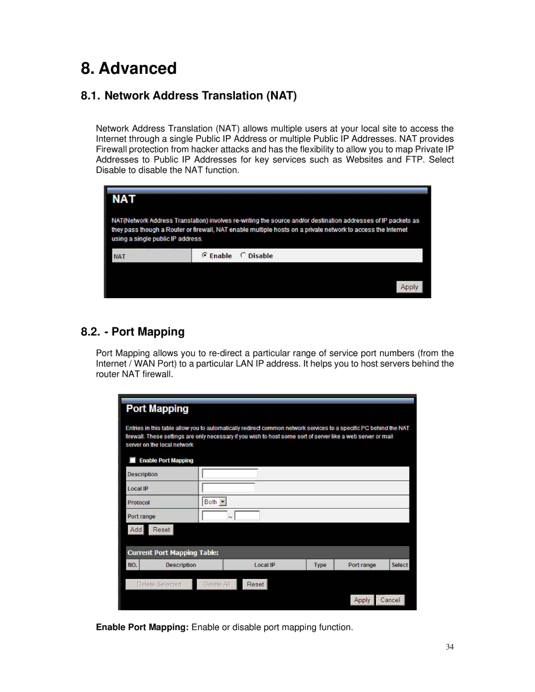 TRENDnet TEW-671BR manual Advanced, Network Address Translation NAT, Port Mapping 