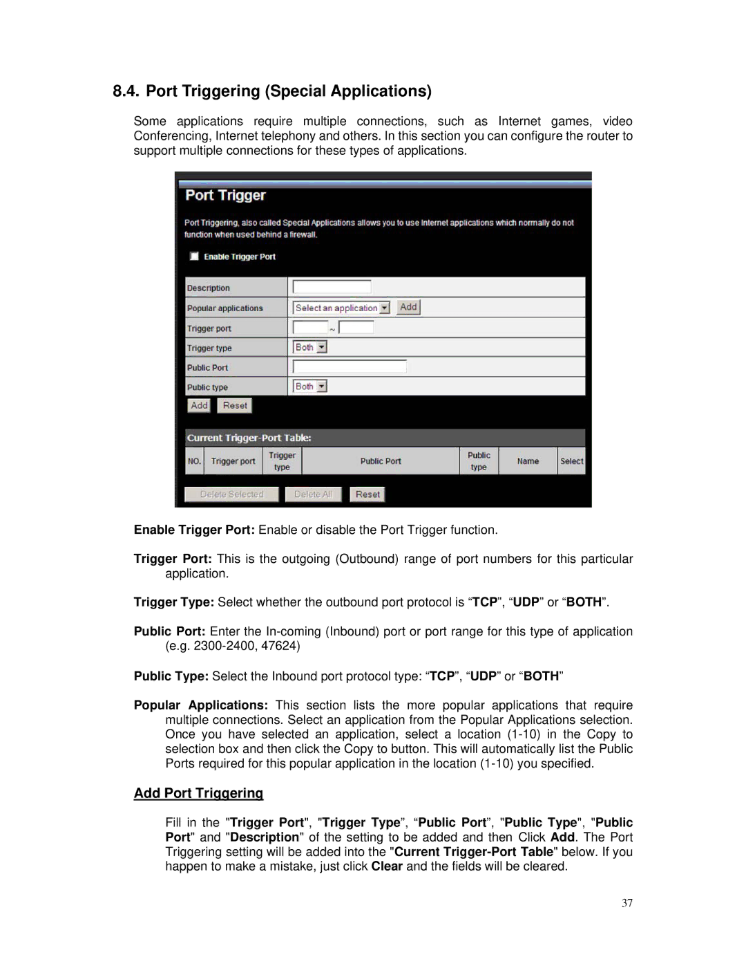 TRENDnet TEW-671BR manual Port Triggering Special Applications, Add Port Triggering 