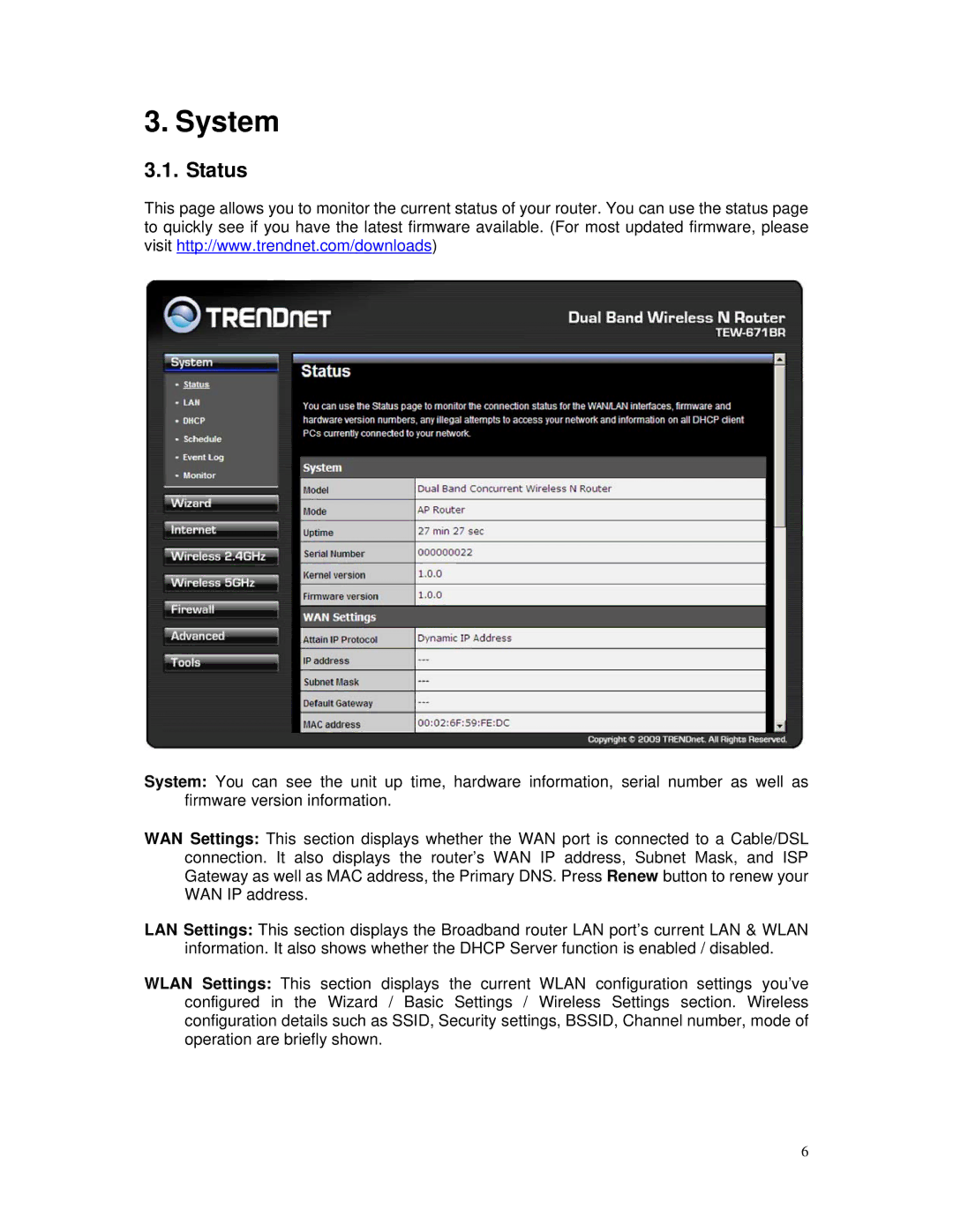 TRENDnet TEW-671BR manual System, Status 