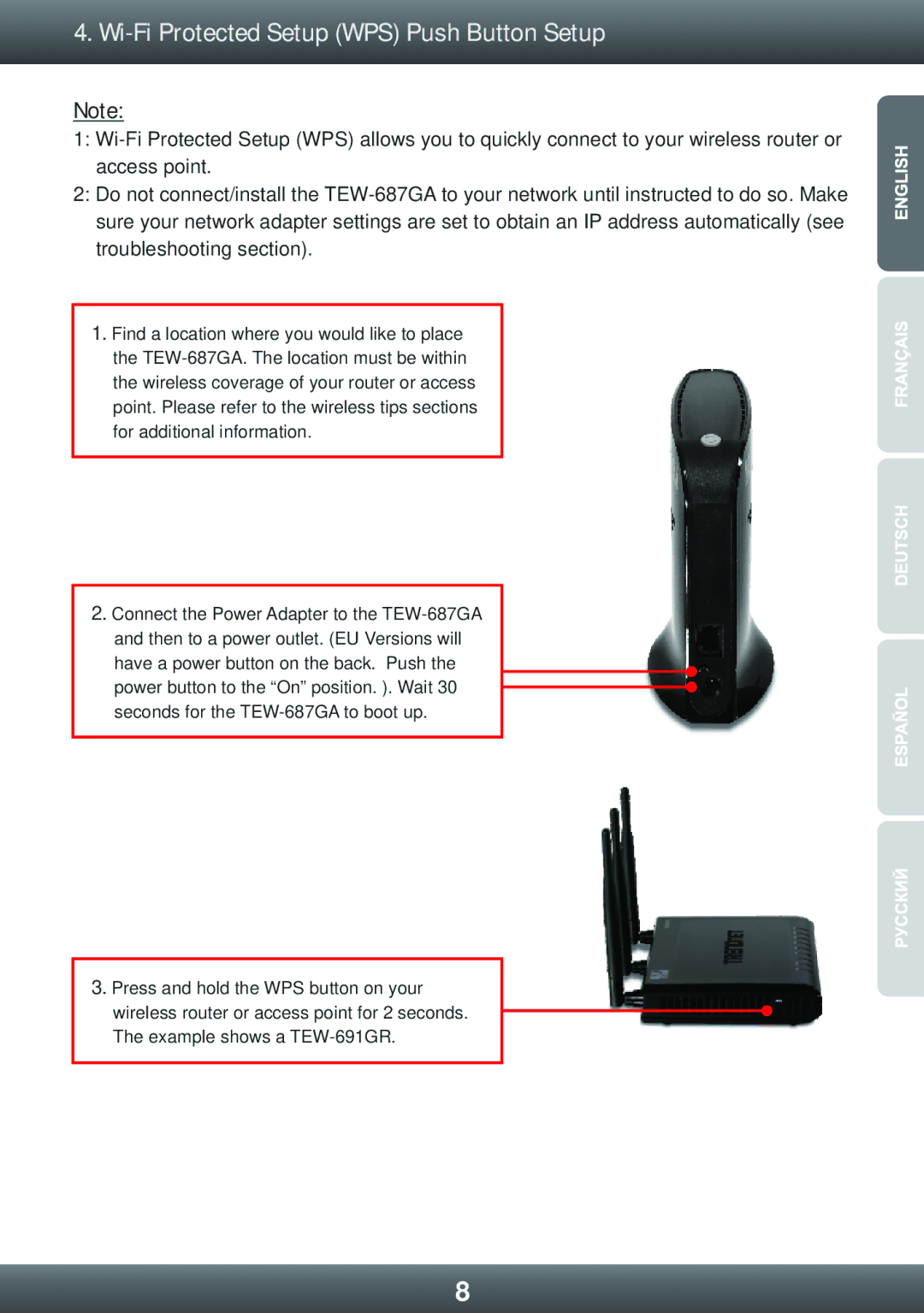 TRENDnet TEW-687GA manual Wi-Fi Protected Setup WPS Push Button Setup 