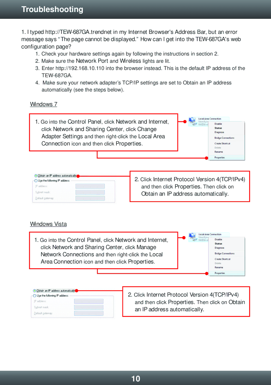 TRENDnet TEW-687GA manual Troubleshooting, Obtain an IP address automatically Windows Vista 