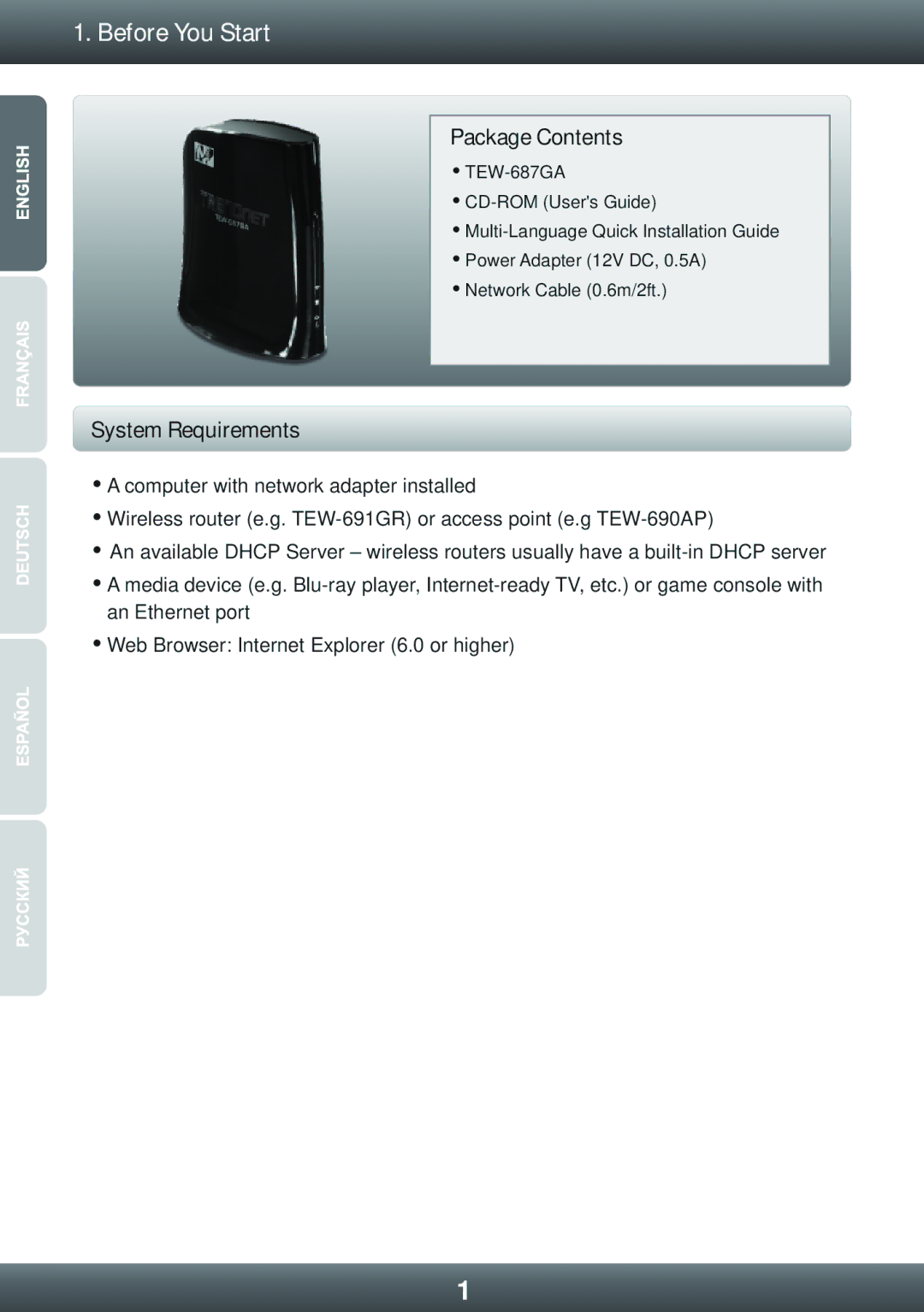 TRENDnet TEW-687GA manual Before You Start, Package Contents 