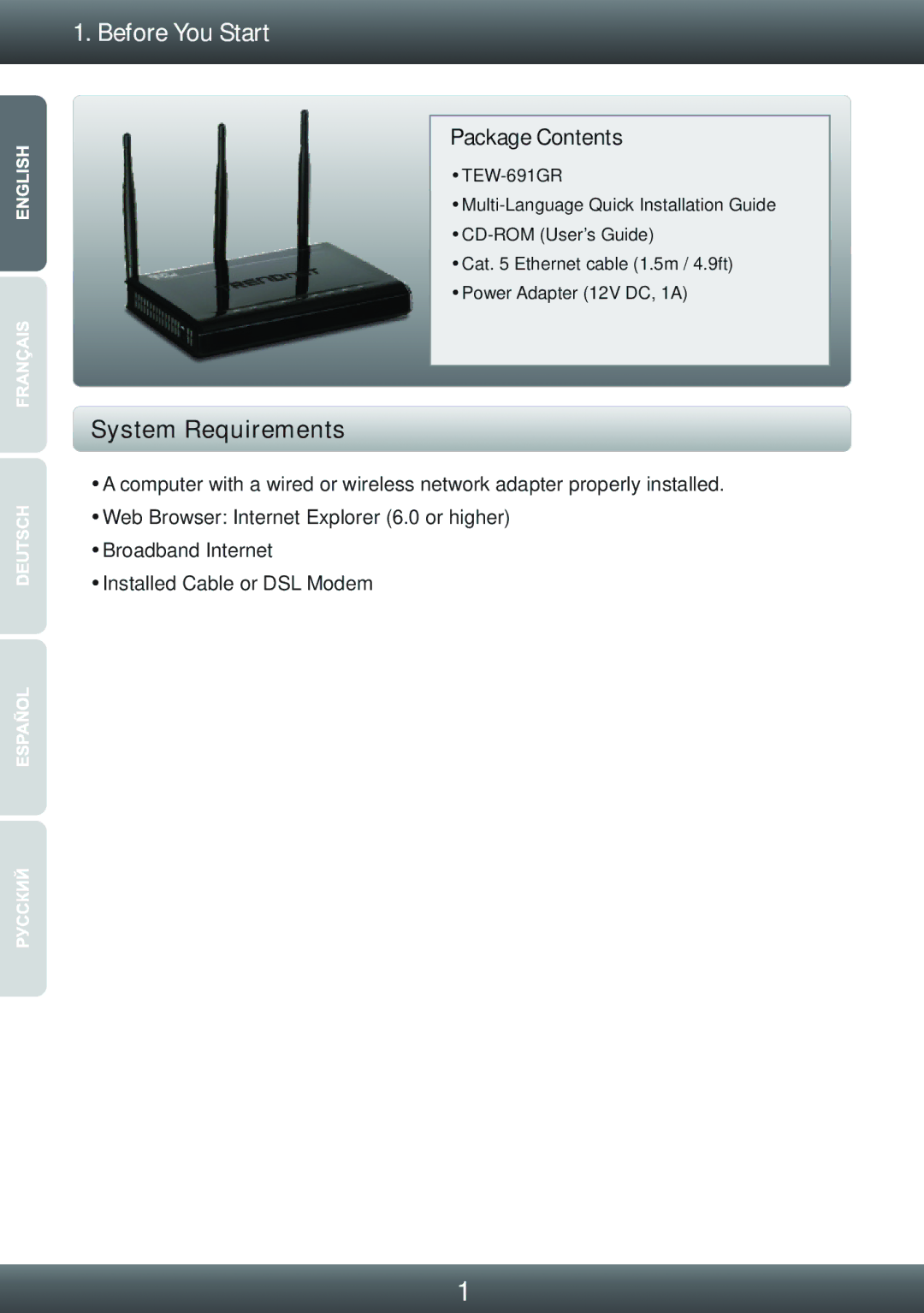 TRENDnet TRENDnet Wireless Router, TEW-691GR 1.01 manual Before You Start, Package Contents, System Requirements 