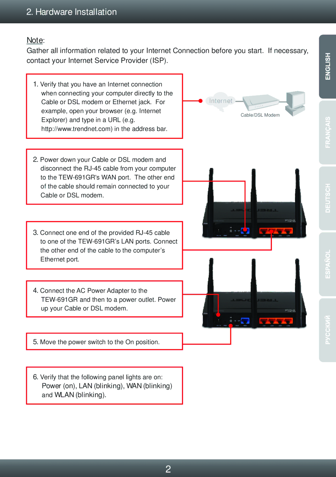 TRENDnet TEW-691GR 1.01, TRENDnet Wireless Router manual Hardware Installation 