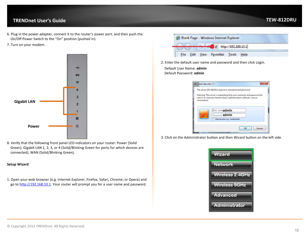 TRENDnet TEW-812DRU, AC1750 Dual Band Wireless Router manual Gigabit LAN Power, Setup Wizard 