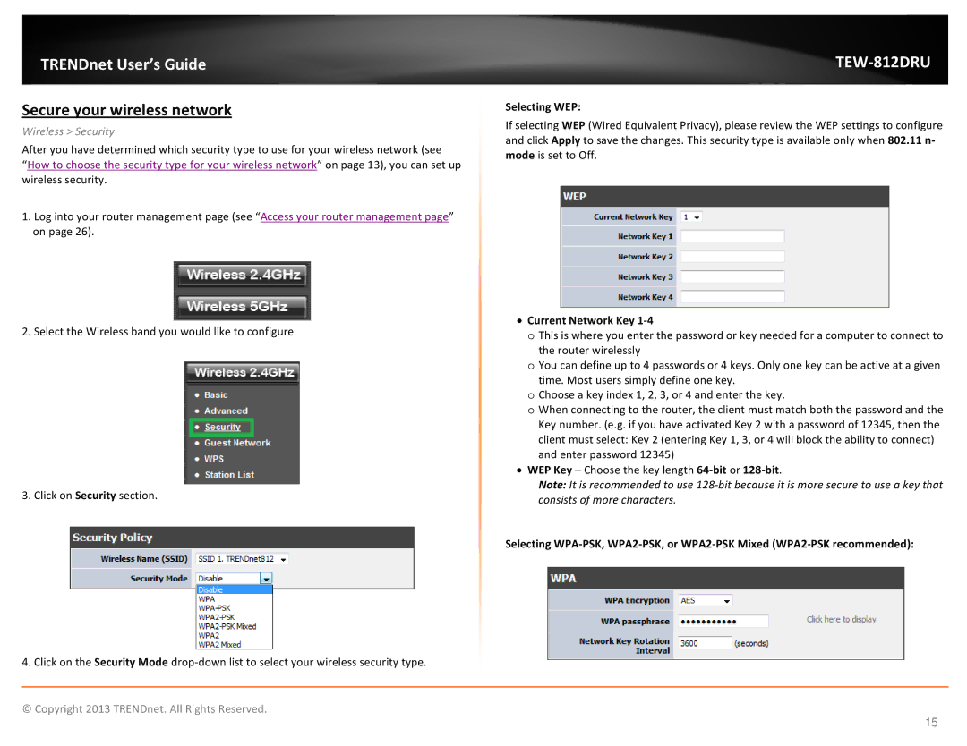TRENDnet AC1750 Dual Band Wireless Router, TEW-812DRU manual Secure your wireless network, Wireless Security, Selecting WEP 