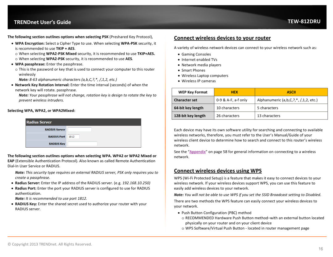 TRENDnet TEW-812DRU manual Connect wireless devices to your router, Connect wireless devices using WPS, WEP Key Format 