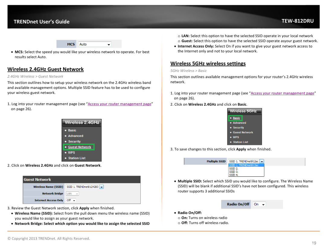 TRENDnet AC1750 Dual Band Wireless Router, TEW-812DRU manual Wireless 2.4GHz Guest Network, Wireless 5GHz wireless settings 