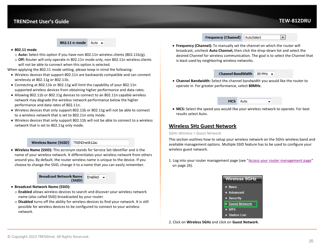 TRENDnet TEW-812DRU, AC1750 Dual Band Wireless Router manual Wireless 5Hz Guest Network, 5GHz Wireless Guest Network 