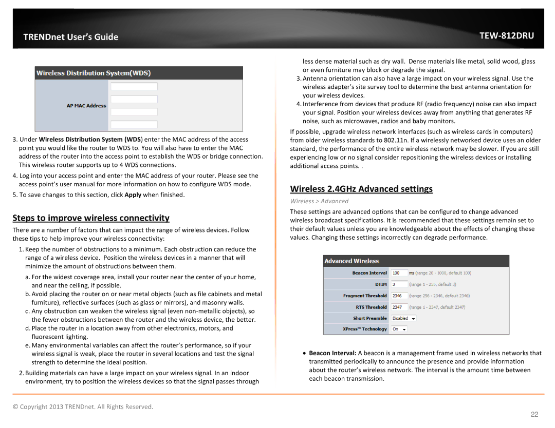 TRENDnet TEW-812DRU manual Steps to improve wireless connectivity, Wireless 2.4GHz Advanced settings, Wireless Advanced 