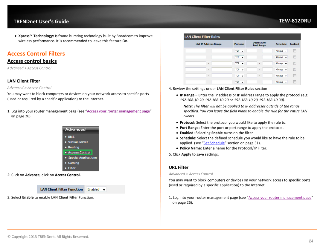 TRENDnet TEW-812DRU manual Access Control Filters, Access control basics, LAN Client Filter, URL Filter 