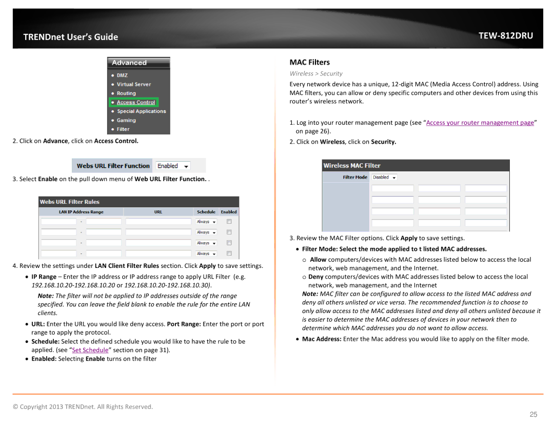 TRENDnet AC1750 Dual Band Wireless Router, TEW-812DRU manual MAC Filters, Wireless Security 