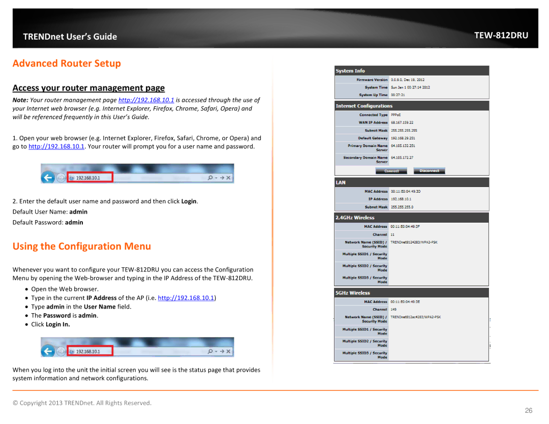 TRENDnet TEW-812DRU manual Advanced Router Setup, Using the Configuration Menu, Access your router management 