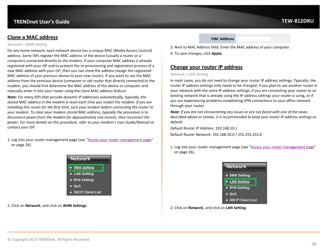 TRENDnet TEW-812DRU manual Clone a MAC address, Change your router IP address, Network LAN Setting 