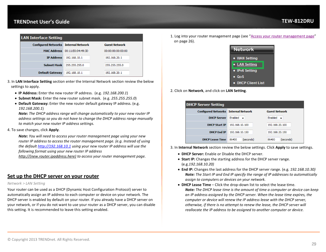 TRENDnet AC1750 Dual Band Wireless Router, TEW-812DRU manual Set up the Dhcp server on your router 