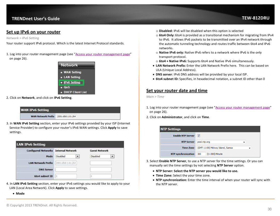 TRENDnet TEW-812DRU manual Set up IPv6 on your router, Set your router date and time, Network IPv6 Setting, Main Time 