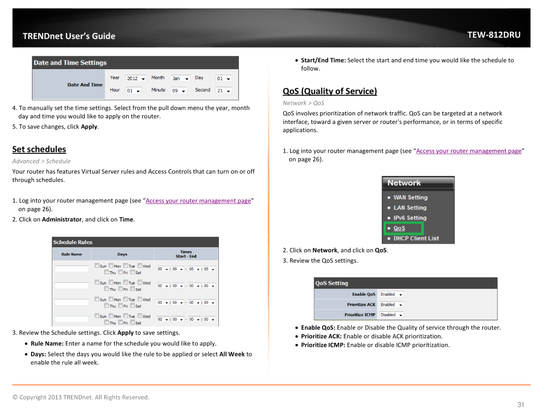 TRENDnet AC1750 Dual Band Wireless Router manual Set schedules, QoS Quality of Service, Advanced Schedule, Network QoS 