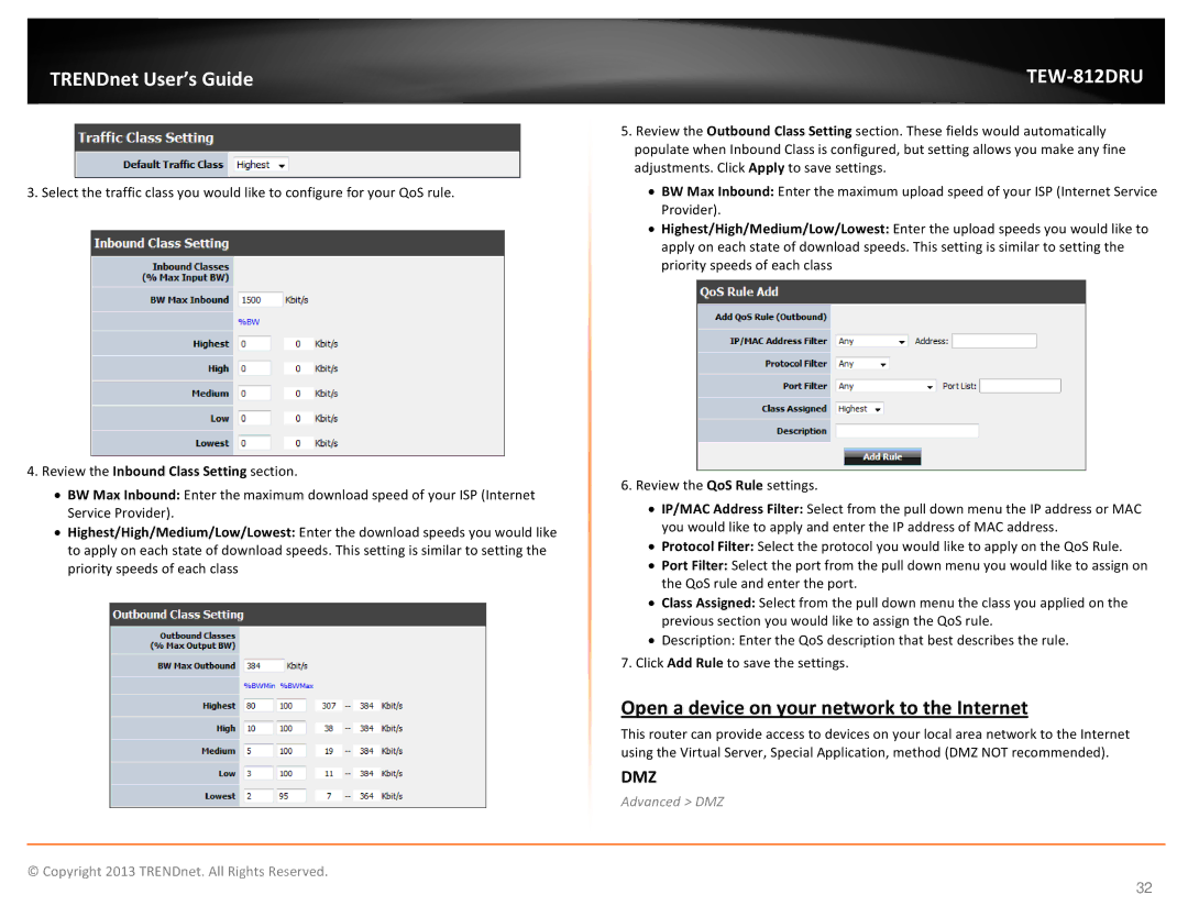 TRENDnet TEW-812DRU Open a device on your network to the Internet, Review the Inbound Class Setting section, Advanced DMZ 