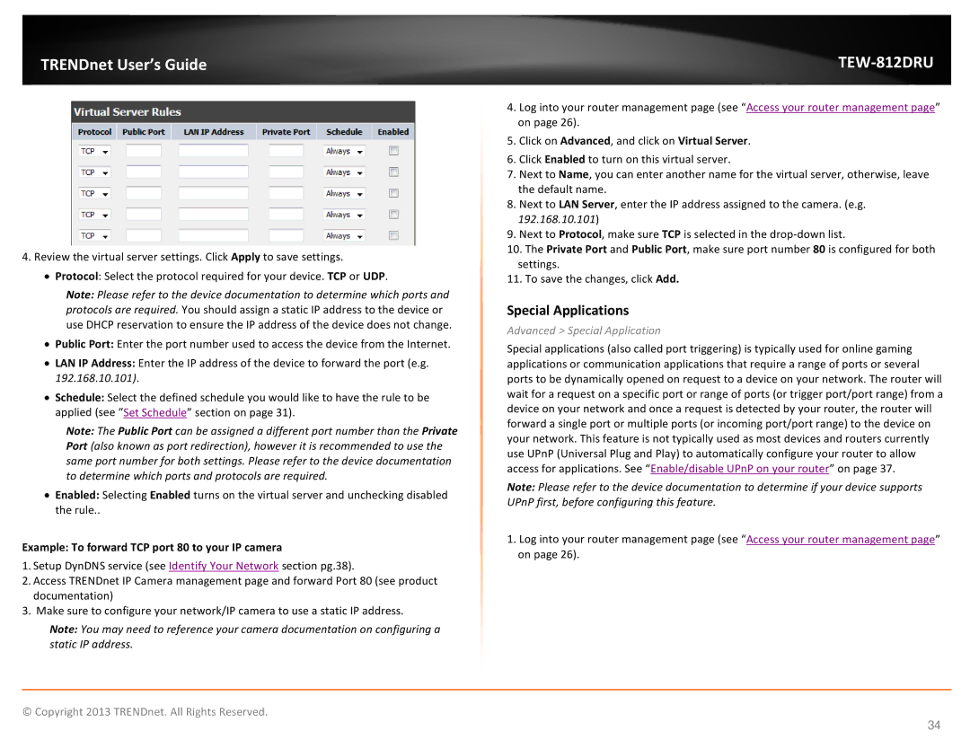 TRENDnet TEW-812DRU Special Applications, Example To forward TCP port 80 to your IP camera, Advanced Special Application 