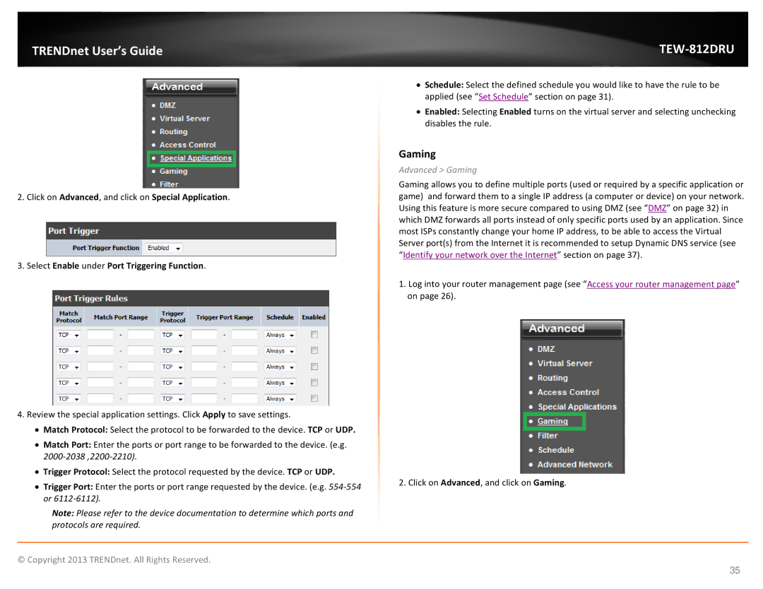 TRENDnet AC1750 Dual Band Wireless Router, TEW-812DRU manual Advanced Gaming 