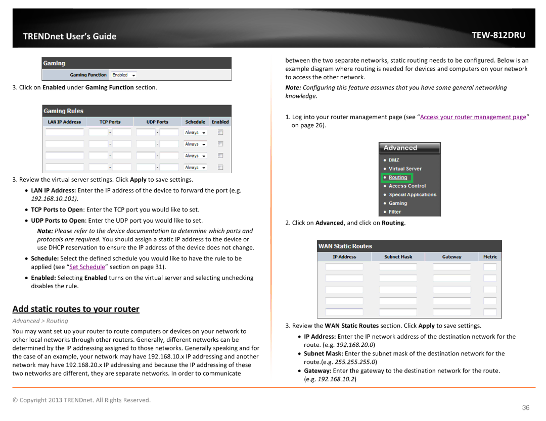 TRENDnet TEW-812DRU Add static routes to your router, Click on Enabled under Gaming Function section, Advanced Routing 