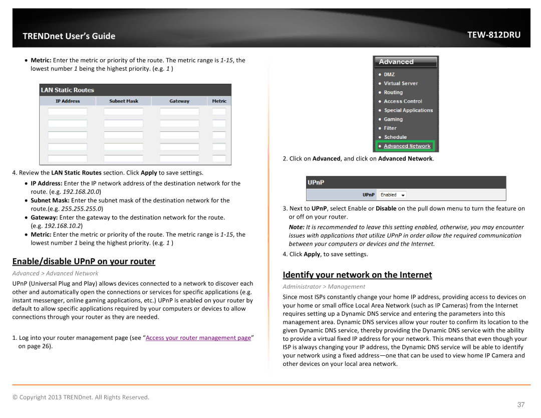 TRENDnet AC1750 Dual Band Wireless Router manual Enable/disable UPnP on your router, Identify your network on the Internet 